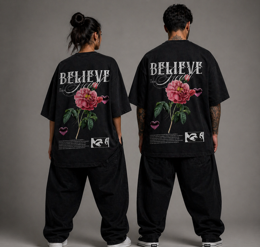 Унисекс Овърсайз тениска, дизайн на гърба "Believe"